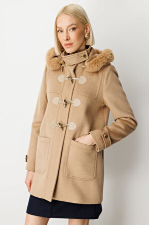 Ekol Kadın Yakası Kürklü Kapüşonlu Kaban 6015 Camel
