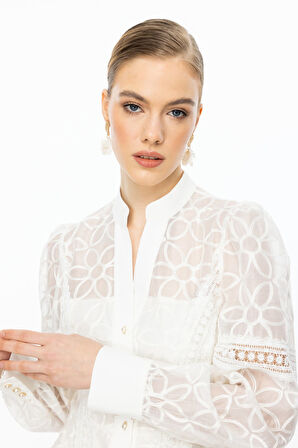 Ekol Kadın Çiçek Nakışlı Düğmeli Elbise 5008 Ekru