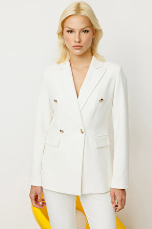 Ekol Kadın Kruvaze Yaka Kapak Cepli Ceket 4006 Ekru