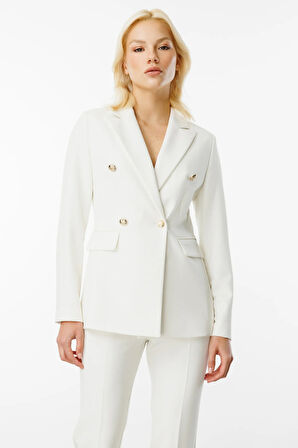 Ekol Kadın Kruvaze Yaka Kapak Cepli Ceket 4006 Ekru