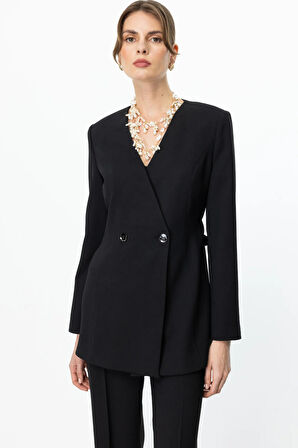 Ekol Kadın Beli Kuşaklı Çift Düğme Ceket 4232 Siyah