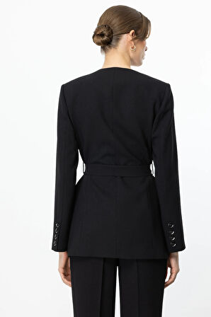 Ekol Kadın Beli Kuşaklı Çift Düğme Ceket 4232 Siyah