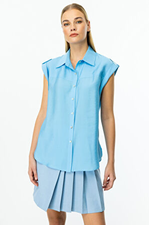 Ekol Kadın Omzu Apoletli Düğmeli Bluz 3050 Mavi