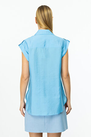 Ekol Kadın Omzu Apoletli Düğmeli Bluz 3050 Mavi