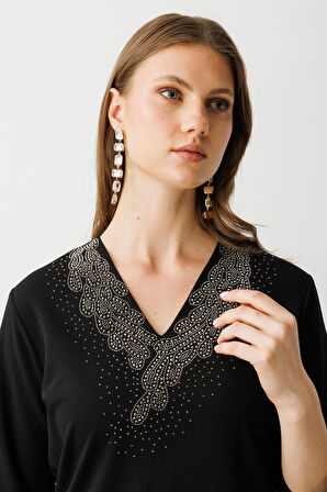 Ekol Kadın Büyük Beden Yakası Taş İşlemeli Yarım Kollu Elbise 5952 Siyah