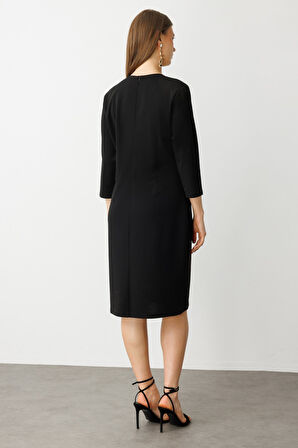 Ekol Kadın Büyük Beden Yakası Taş İşlemeli Yarım Kollu Elbise 5952 Siyah