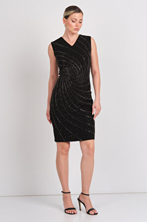 Ekol Kadın Taş İşlemeli Simli Kolsuz Elbise 5942 Siyah