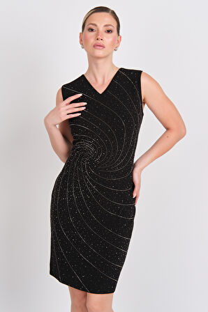 Ekol Kadın Taş İşlemeli Simli Kolsuz Elbise 5942 Siyah