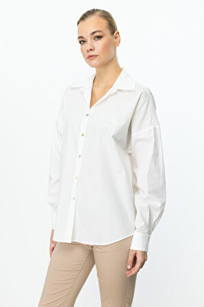 Ekol Kadın Kelebek İşlemeli Düğmeli Gömlek 3112 Ekru