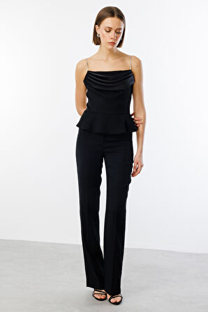 Ekol Kadın Bol Paça Beli Saten Kumaşlı Pantolon 3340 Siyah