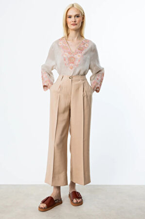 Ekol Kadın Tek Pile Bol Paça Pantolon 2106 Kum