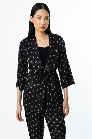 Ekol Kadın Beli Bağcıklı Desenli Ceket 4242 Siyah