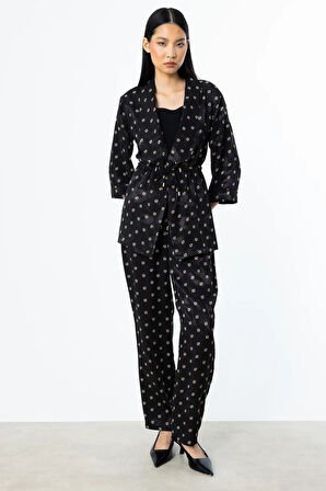 Ekol Kadın Beli Bağcıklı Desenli Ceket 4242 Siyah