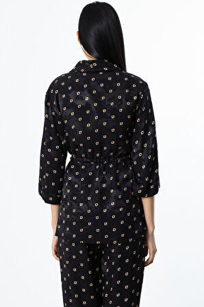 Ekol Kadın Beli Bağcıklı Desenli Ceket 4242 Siyah