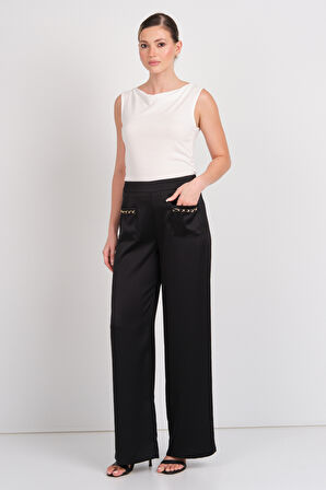 Ekol Kadın Cepleri Metal Aksesuarlı Beli Lastikli Pantolon 3348 Siyah