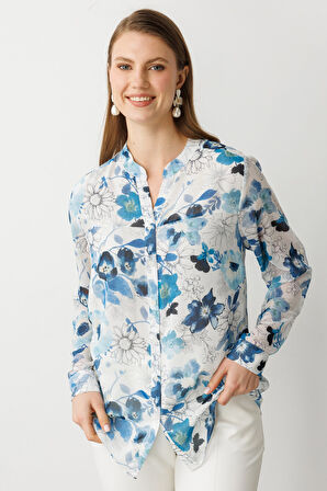 Ekol Kadın Büyük Beden Kendinden Desenli Bluz 3514 Mavi