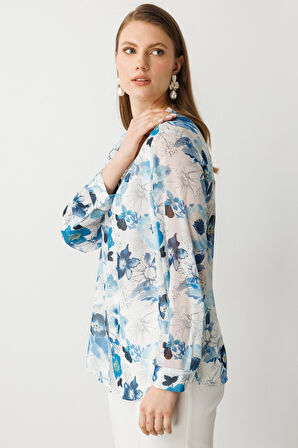 Ekol Kadın Büyük Beden Kendinden Desenli Bluz 3514 Mavi