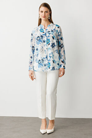 Ekol Kadın Büyük Beden Kendinden Desenli Bluz 3514 Mavi