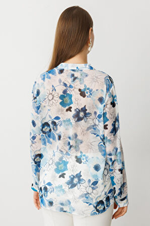 Ekol Kadın Büyük Beden Kendinden Desenli Bluz 3514 Mavi