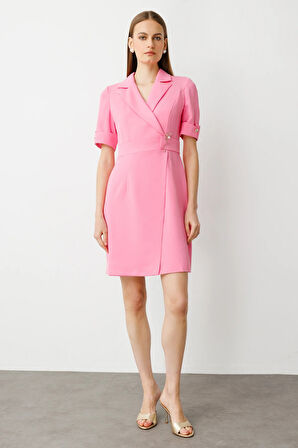 Ekol Kadın Beli Metal Aksesuarlı Midi Boy Elbise 5136 Pink