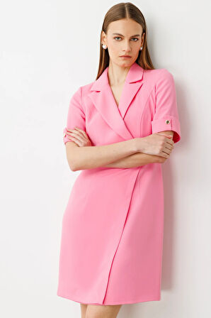 Ekol Kadın Beli Metal Aksesuarlı Midi Boy Elbise 5136 Pink