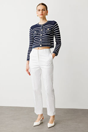 Ekol Kadın Yüksek Bel Detaylı Pamuklu Pantolon 2060 Ekru