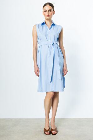 Ekol Kadın Simli Çizgi Detaylı Pamuklu Elbise 5142 Mavi