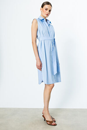 Ekol Kadın Simli Çizgi Detaylı Pamuklu Elbise 5142 Mavi