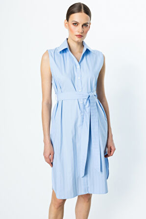 Ekol Kadın Simli Çizgi Detaylı Pamuklu Elbise 5142 Mavi