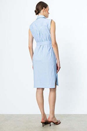 Ekol Kadın Simli Çizgi Detaylı Pamuklu Elbise 5142 Mavi