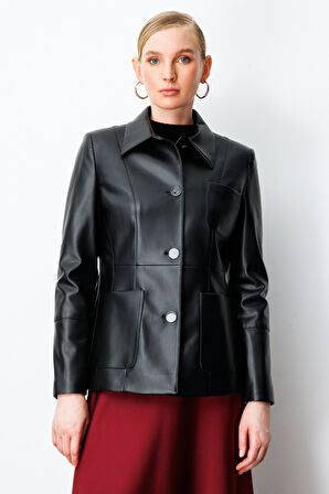 Ekol Kadın Torba Cepli Deri Ceket 5083 Siyah