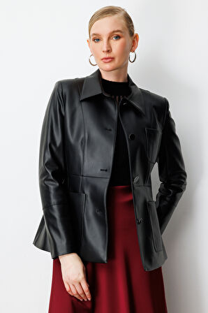 Ekol Kadın Torba Cepli Deri Ceket 5083 Siyah