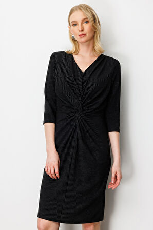 Ekol Kadın Önü Büzgülü Simli Midi Elbise 4921 Siyah