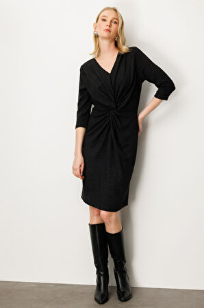 Ekol Kadın Önü Büzgülü Simli Midi Elbise 4921 Siyah