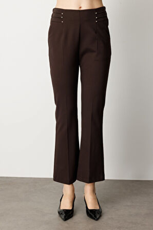 Ekol Kadın Boncuk Detaylı İspanyol Paça Pantolon 1083 Kahverengi