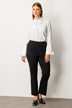 Ekol Kadın Büyük Beden Beli Lastikli Boncuk Detaylı Pantolon 1085 Siyah