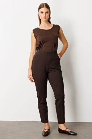 Ekol Kadın Büyük Beden Dantel Süslemeli Dar Paça Pantolon 1087 Kahverengi