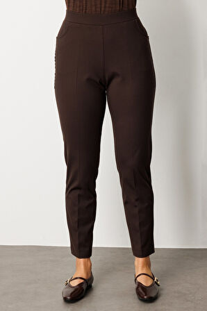 Ekol Kadın Büyük Beden Dantel Süslemeli Dar Paça Pantolon 1087 Kahverengi