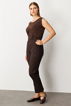 Ekol Kadın Büyük Beden Dantel Süslemeli Dar Paça Pantolon 1087 Kahverengi