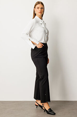 Ekol Kadın Büyük Beden Paçası Taşlı Dantelli Pantolon 1091 Siyah