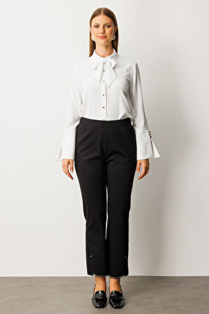 Ekol Kadın Büyük Beden Paçası Taşlı Dantelli Pantolon 1091 Siyah