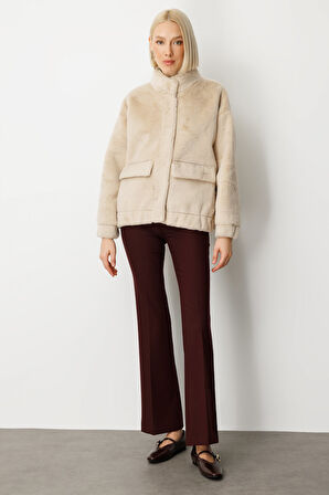 Ekol Kadın Peluşlu Kapak Cepli Mont 8007 Kum