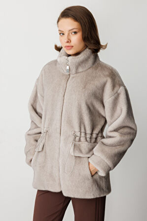 Ekol Kadın Dik Yaka Peluş Mont 6103 Gümüş