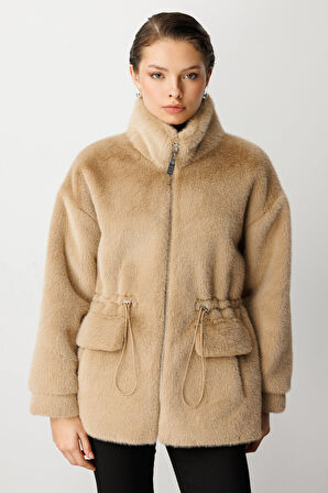 Ekol Kadın Dik Yaka Peluş Mont 6103 Vizon