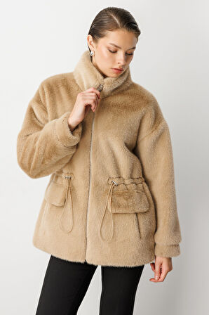 Ekol Kadın Dik Yaka Peluş Mont 6103 Vizon