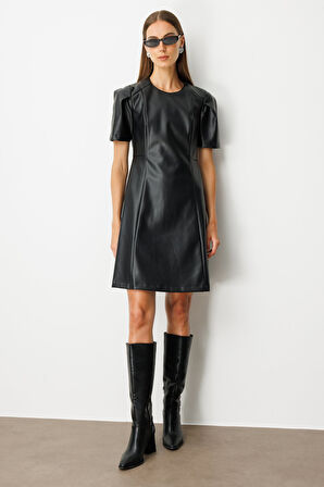 Ekol Kadın Kısa Kollu Deri Elbise 4081 Siyah