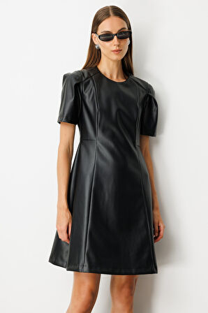 Ekol Kadın Kısa Kollu Deri Elbise 4081 Siyah