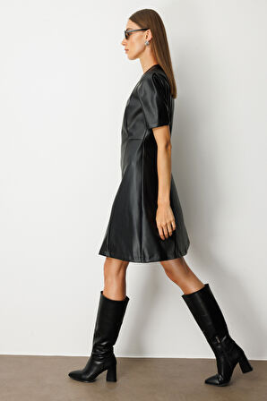 Ekol Kadın Kısa Kollu Deri Elbise 4081 Siyah