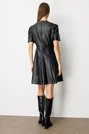 Ekol Kadın Kısa Kollu Deri Elbise 4081 Siyah
