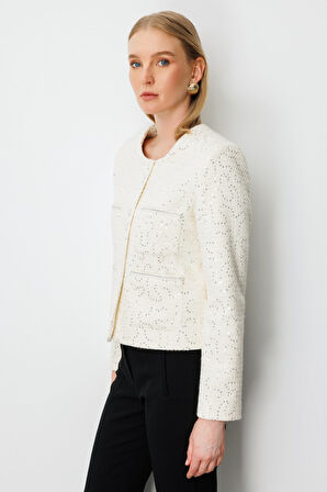 Ekol Kadın Pullu Şanel Ceket 5041 Ekru